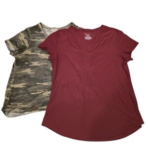 Womens Lot of 2 V-neck T-shirts Camouflage Shirt + Burgundy Shirt Soft Casual